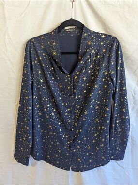 Allegra K Navy Blouse with Gold Star Motif